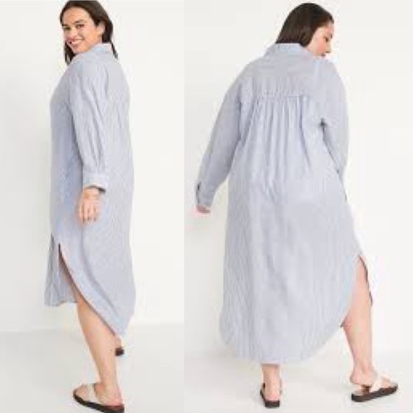 OLD NAVY Long-Sleeve Striped Linen-Blend Midi Shirt Dress With Pockets - Picture 4 of 16